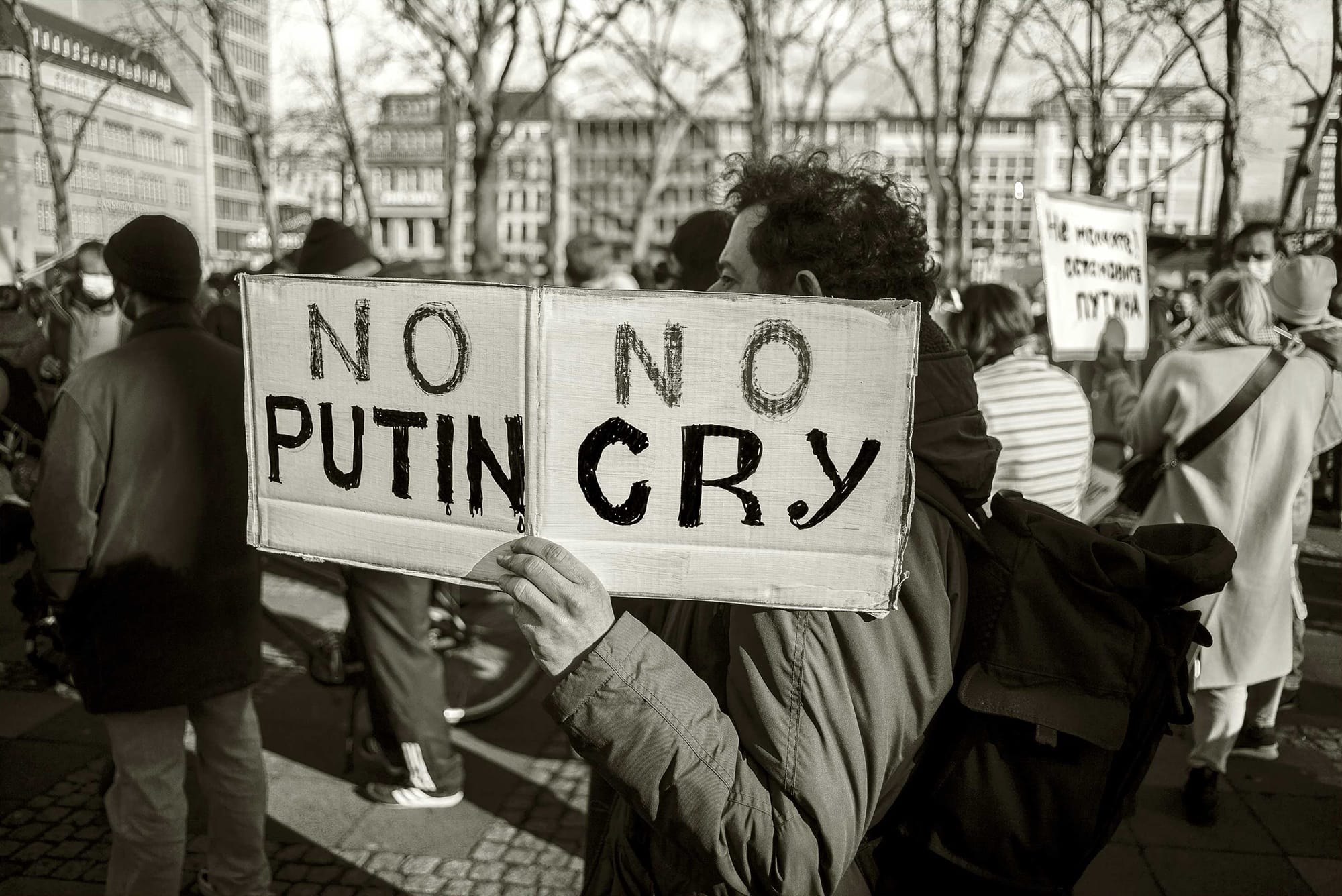 Mann mit selbstgemaltem Pappschild auf dem steht: No Putin, no cry